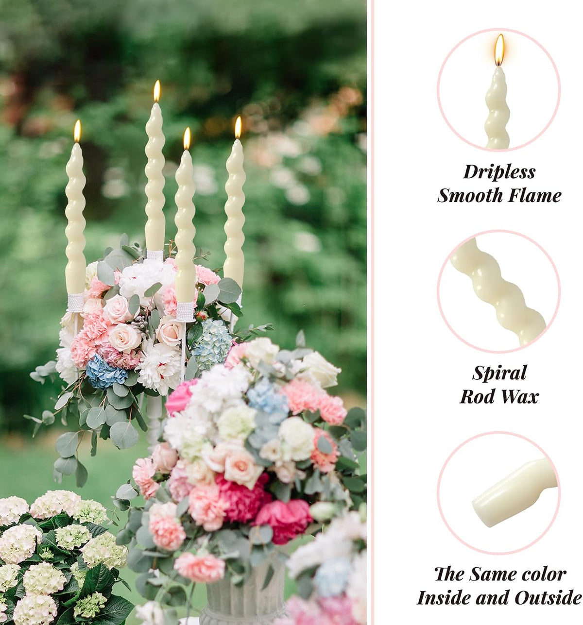 4 Pack 7 Inch Ivory Spiral Taper Candles, Unscented Dripless Fat Twisted Candlesticks for Home Décor Party Wedding and Celebrations