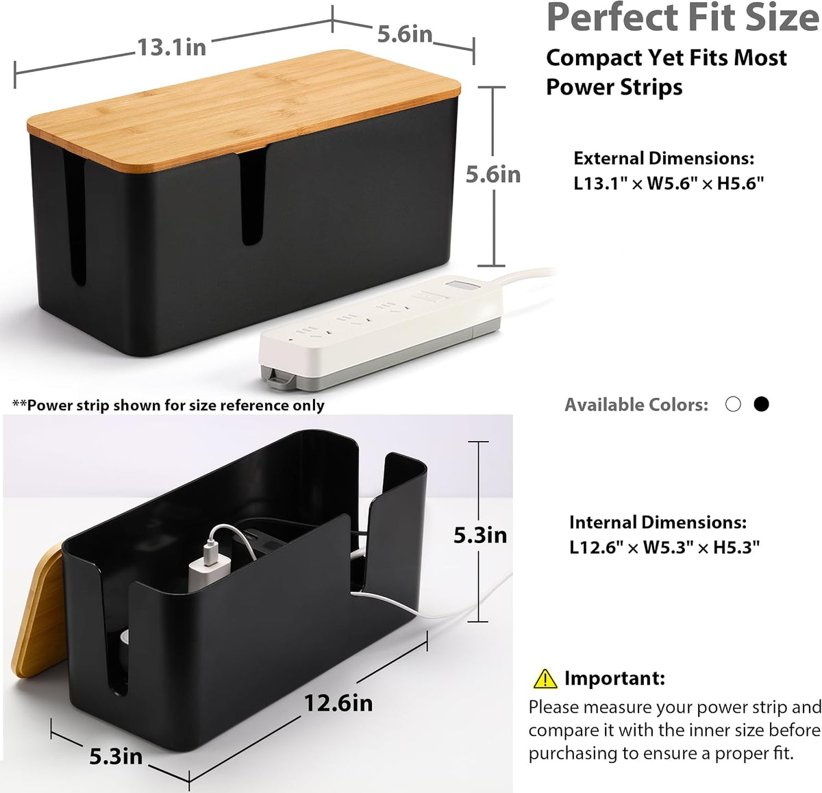 ZhiYo Large Cable Management Box, Thick ABS Power Strip Organizer, Black