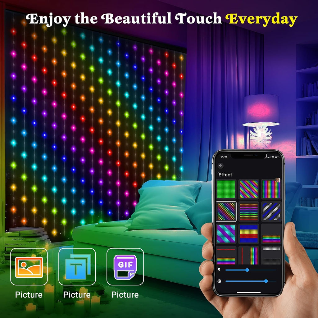 CoziTech Smart Curtain Lights 400 LED, Color Changing LED Curtains Light 6.6 * 6.6 FT, DIY Fairy String Christmas Light Curtain for Bedroom Backdrop Party Outdoor Halloween Decor (APP +Remote Control)