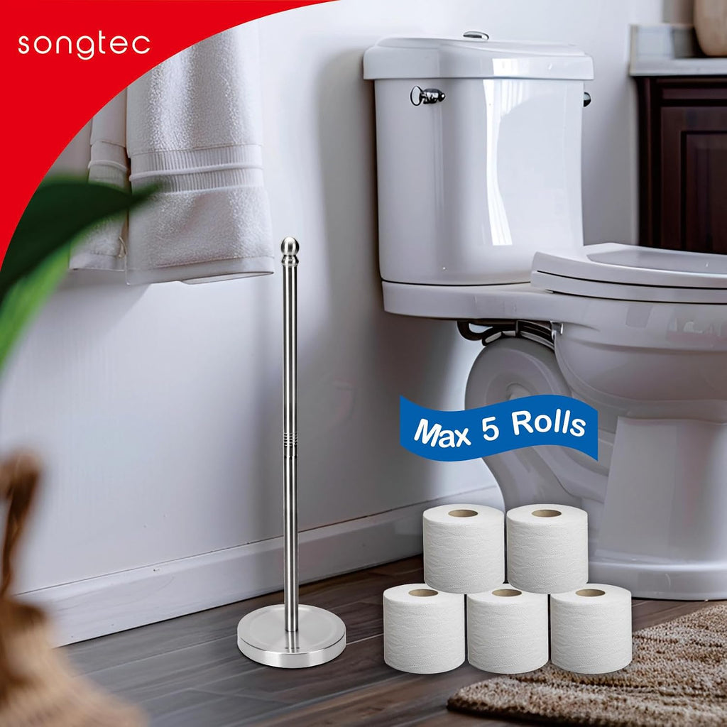 Songtec Toilet Paper Holder Stand Reserve for Bathroom, Floor Standing TP Holder for 4/5 Rolls, Stainless Steel (Brushed Nickel)