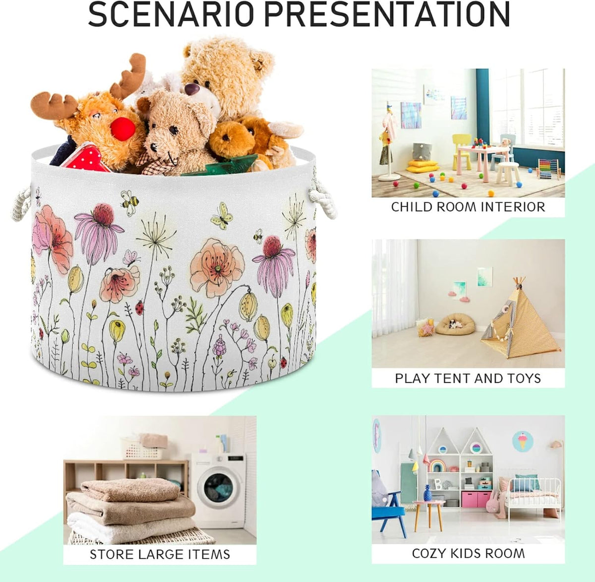 Cotton Rope Basket Colorful Wildflowers Baby Laundry Basket Blanket Kids Toy Storage Basket