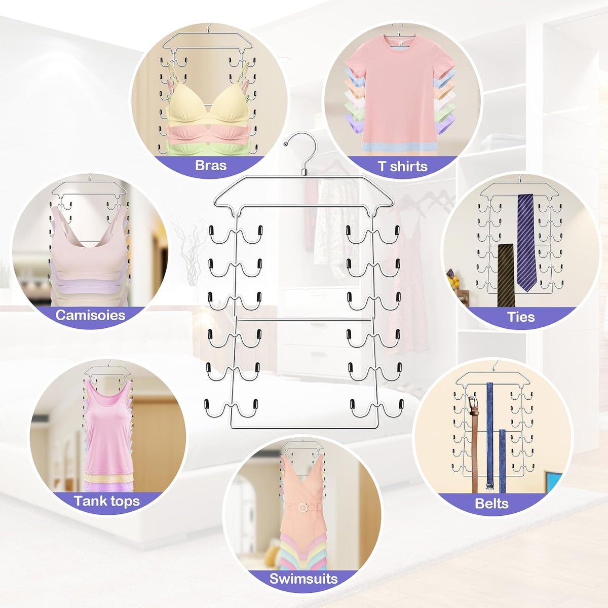 Closet Organizers and Storage 2 Pack,Tank Top Hanger 6 Tier Double Space Saving Bra Hangers,Apartment Dorm Room Essentials for Girls,Non-Slip Hanging Closet Organizer Small Space Solution Organization