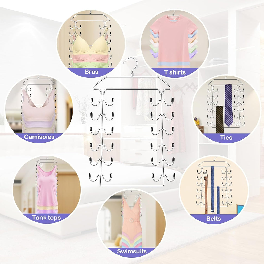 Tank Top Hanger,6 Tier Double Space Saving Bra Hangers, Closet Organizers and Storage,Dorm Room Essentials for Girls,Hanging Closet Organizer for Camisoles Sports Bras Strappy Dress Swimsuits Ties