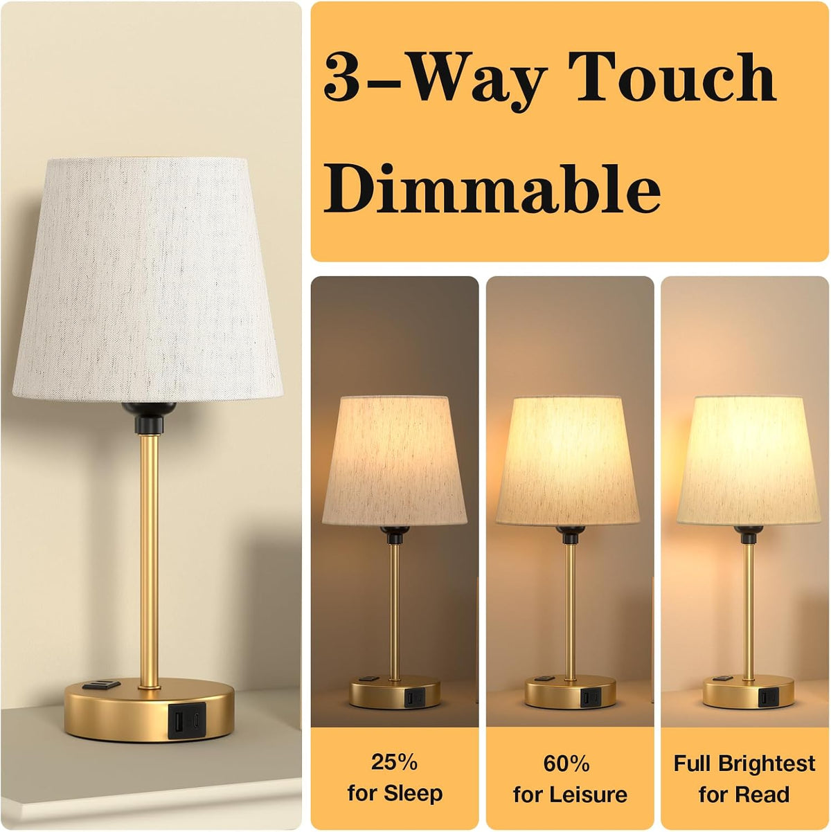 Gold Bedside Lamps Set 2 for Bedroom - Dimmable Touch, USB C+A, AC Outlet