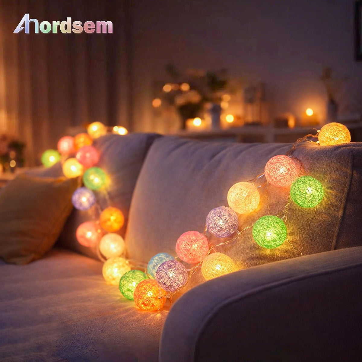 Anordsem Battery String Light Indoor: 6.88Ft/10 LED Cotton Ball Lanterns 2 Pack - Fairy Macaron Color Lighting Hanging Deco for Bedroom Party - Birthday Gifts for Babies Adults 25-50