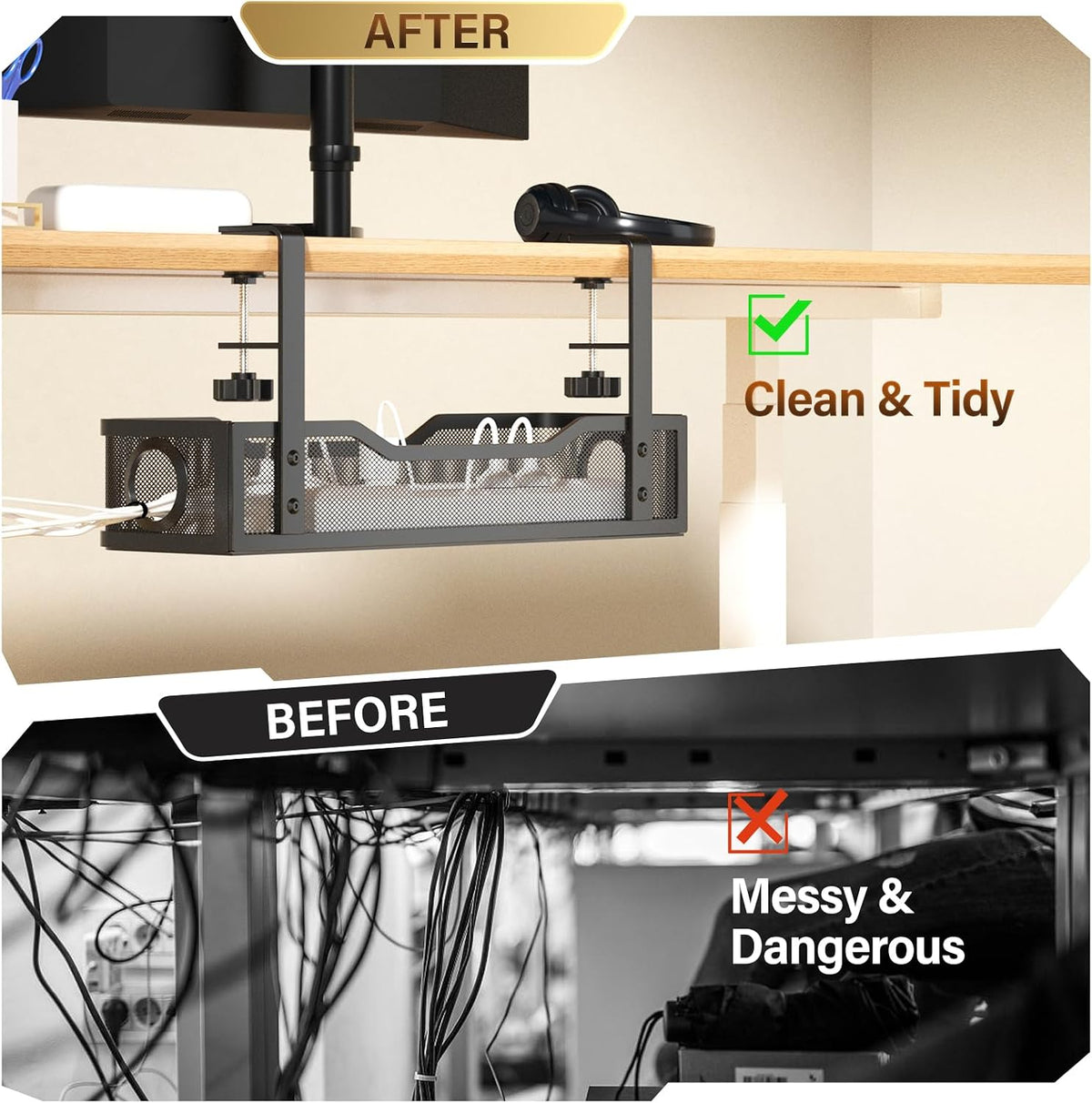Under Desk Cable Management Large, Cinati 16" Cable Management Box for Table Thickness up to 3", Wire Cord Organizer with Clamp No Drill, No Damage to Desk (Black)