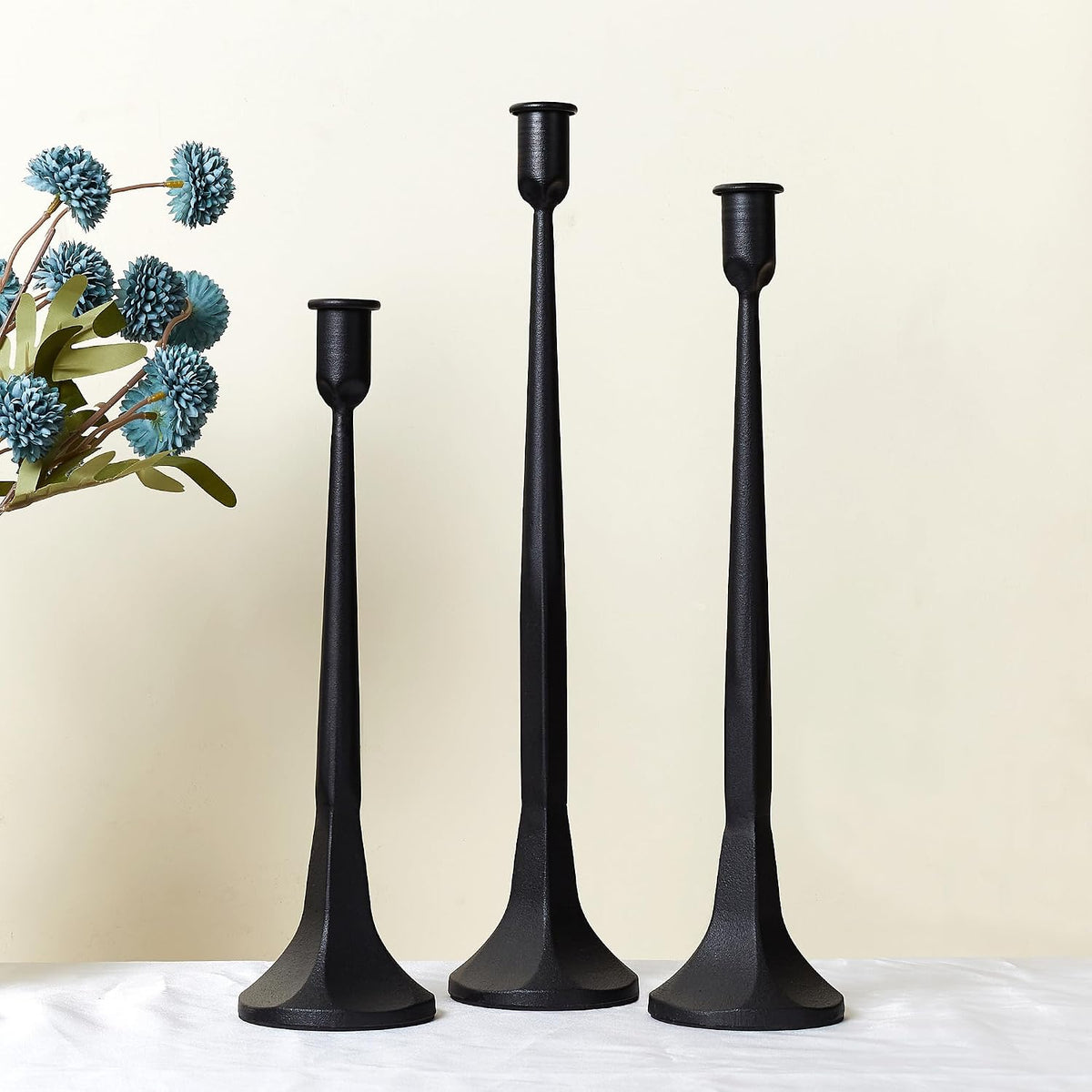 Iron Taper Candle Holder Set of 3 15.5” 14” 12” Decorative Modern Vintage Metal Tall Candlestick Holders for Wedding, Dinning Table,Mantle, Party Decoration (3, Black)