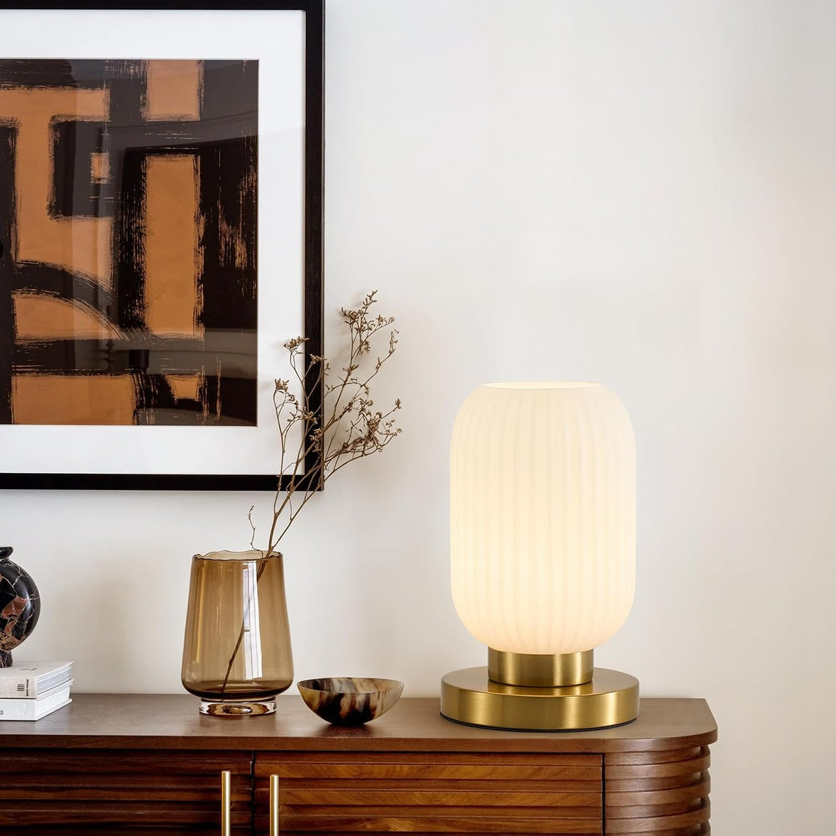 Mid Century Modern Table Lamp, 6" White Glass Desk Lamp Plug In