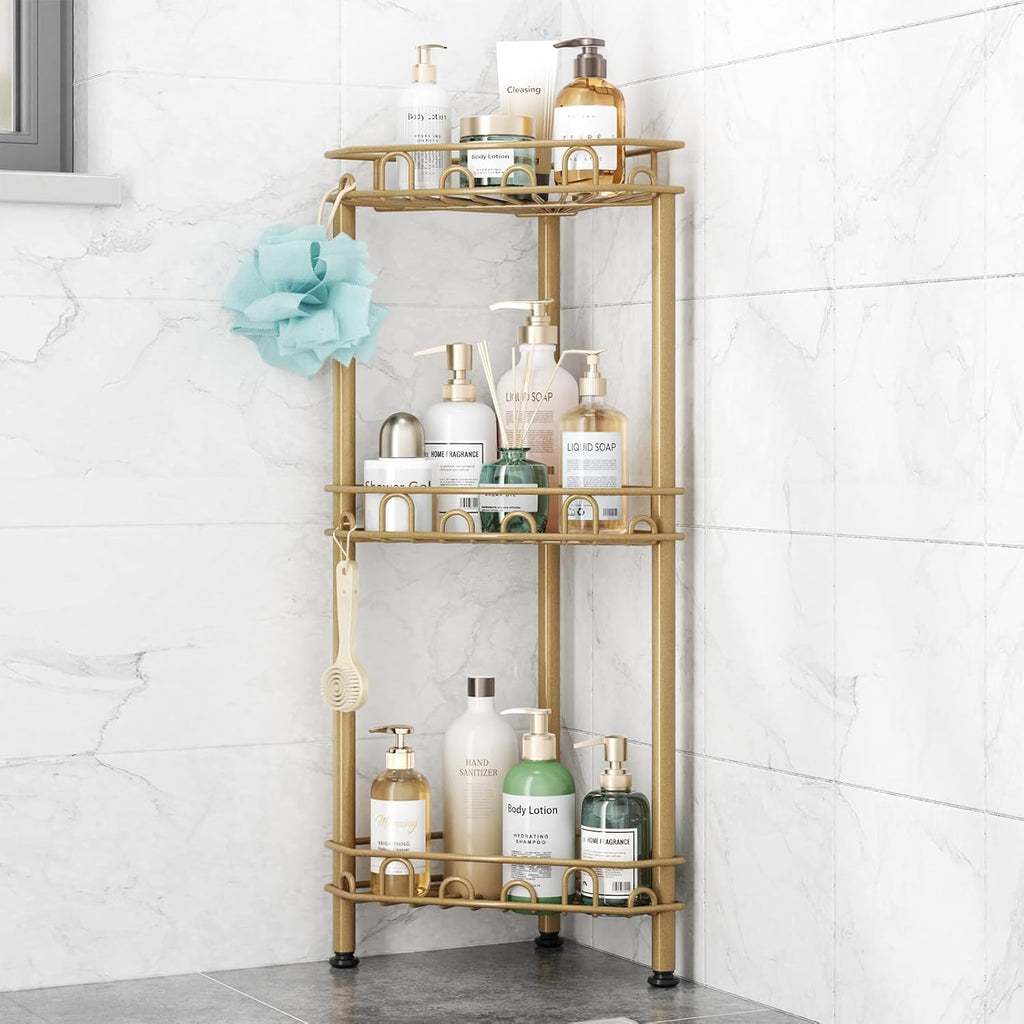 SWTYMIKI Standing Shower Caddy Corner - 3‑Tier Stainless Steel Shower Organizer Shelf with 12 Hooks and Adhesive Pads, Rustproof Corner Shelves Stand Rack for Bathroom Shower Room, Gold