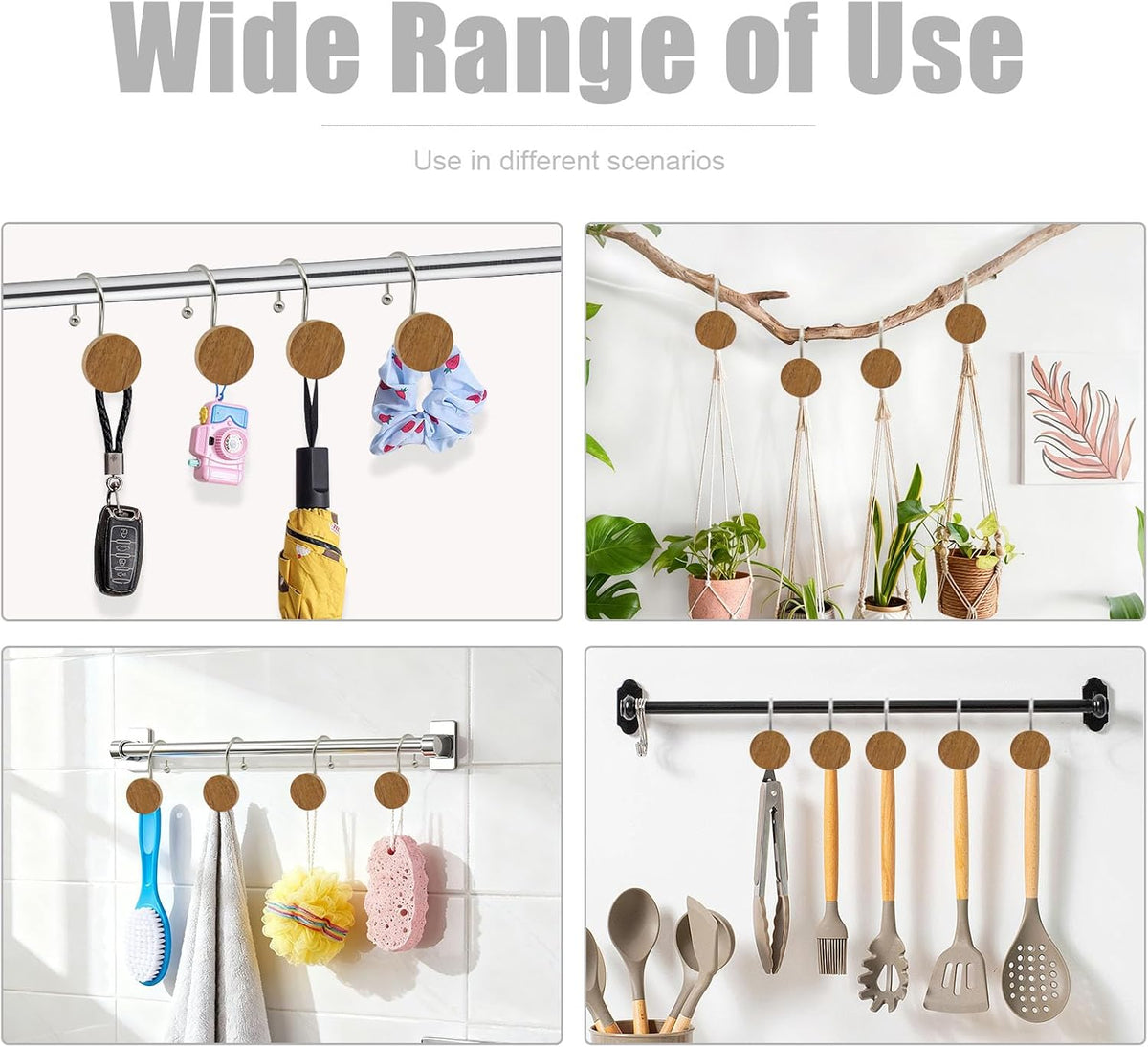 Shower Curtain Hooks, Wood Decorative Shower Curtain Rings, Modern Round Log Shower Curtain Hangers, 12PCS Metal Shower Hooks for Shower Curtain Rod, Bathroom, Bedroom, Living Room (Silvery)