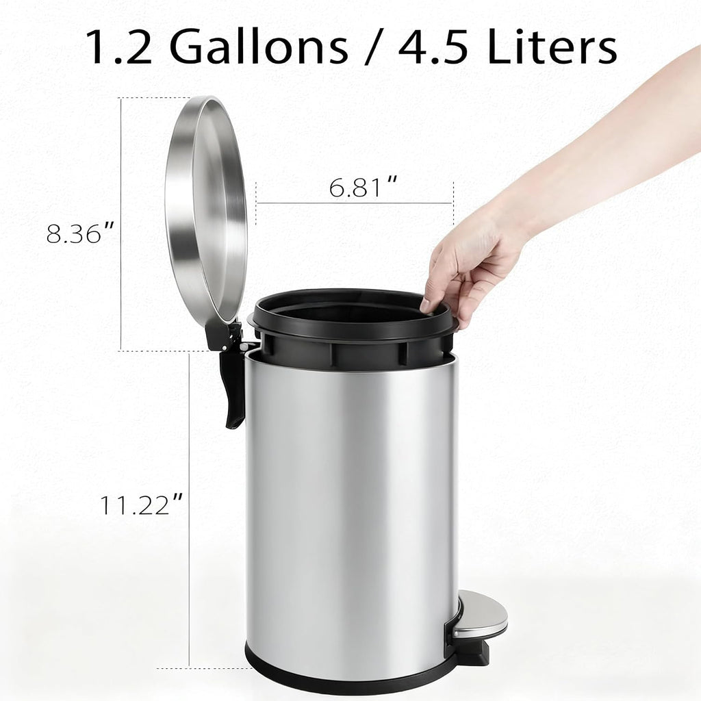 TIPGO Small Bathroom Trash Can with Lid Soft Close, 1.2 Gal, Silver