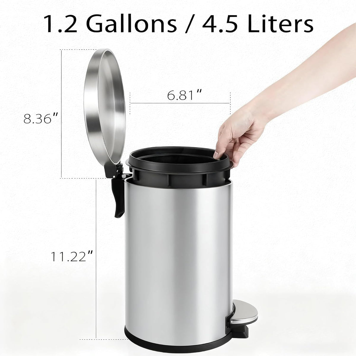 TIPGO Small Bathroom Trash Can with Lid Soft Close, 1.2 Gal, Silver