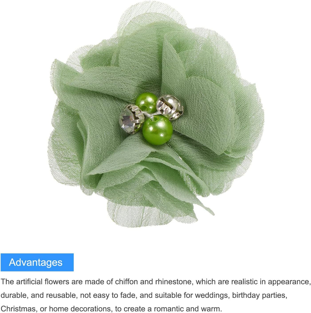 MECCANIXITY Artificial Rhinestone Chiffon Flower Heads, Light Green Faux Flowers 2 Inch for DIY Craft Wedding and Party Decoration Pack of 12