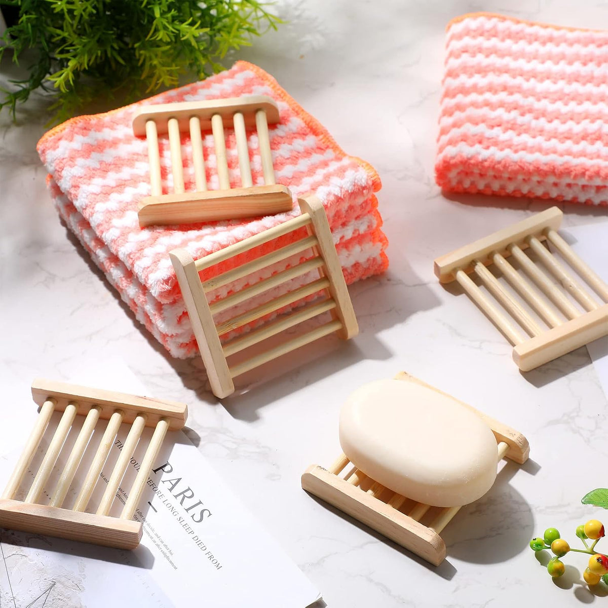 Amyhill 50 Pcs Bamboo Soap Dish Bulk Soap Holder Draining,Wooden Color