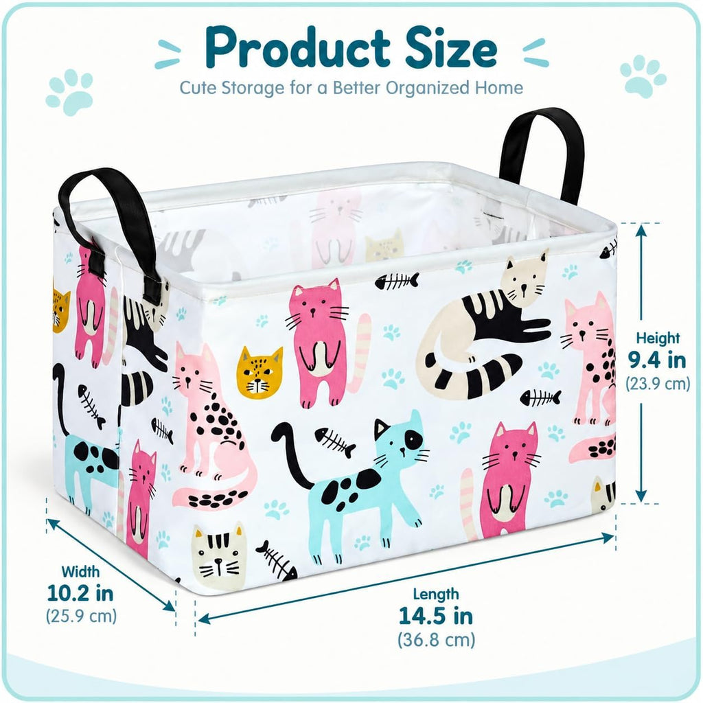 Cat Storage Basket, Foldable Cotton Linen Storage Bin with Handles, Cute Cat Print Rectangular Organizer Basket with Water Resistant Lining for Closet Shelves, Bedroom, Toys, Laundry and Gifts