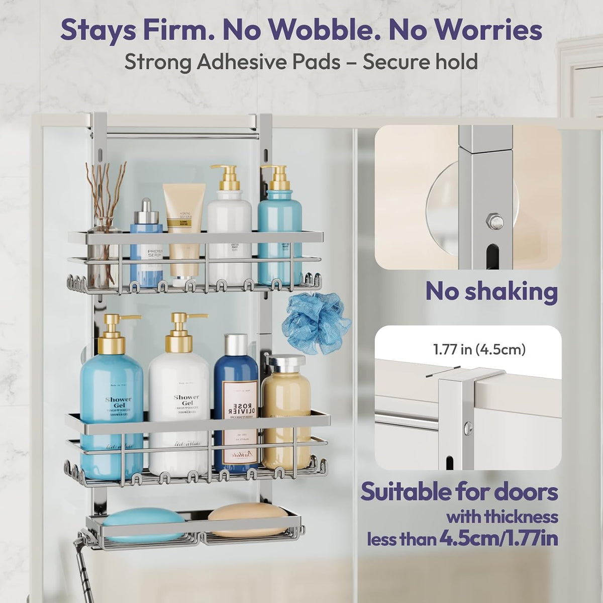 SWTYMIKI Over The Door Shower Caddy - 3 Tier Rustproof Hanging Shower Organizer with Adjustable Shelves, 28 Hooks & Soap Holder, Hanging Shower Rack Storage for Bathroom Accessories, Silver
