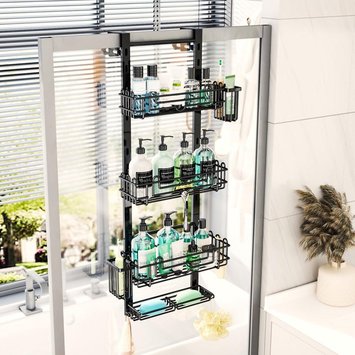 HapiRm Over the Door Shower Caddy - 4-Tier Hanging Shower Organizer with 22 Hooks and 2 Toothbrush Holders, No Drilling Adjustable Hanging Shelves for Bathroom - Black (Pack of 2)
