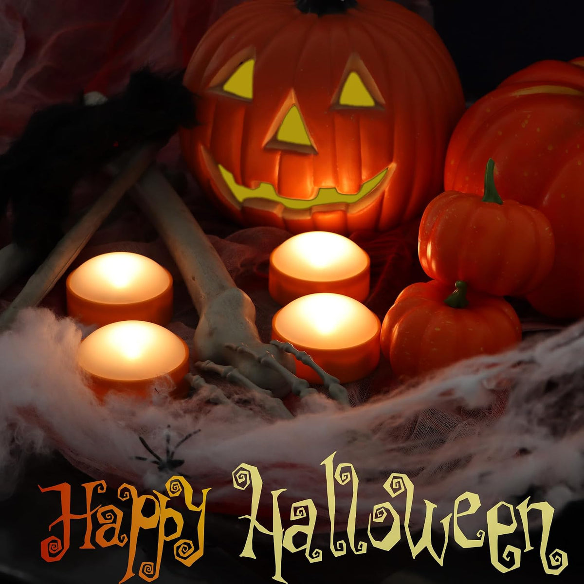 Halloween Pumpkin Battery Operated Flameless LED Candles w Remote, Orange