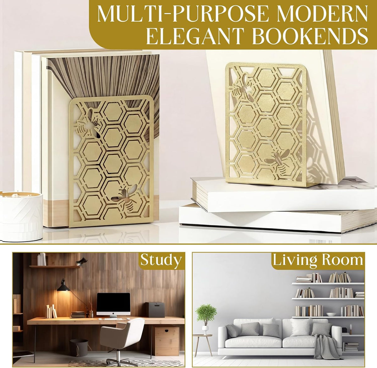 Chunful 6 Pack Gold Metal Honeycomb Bee Bookends Book Stoppers for Shelves