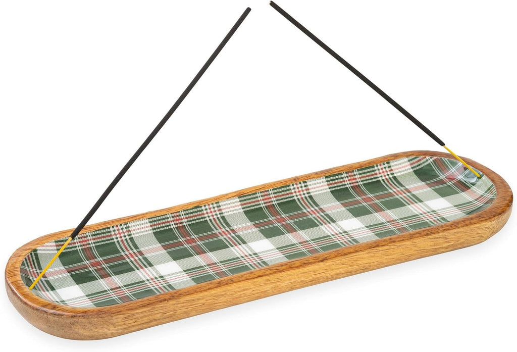 Folkulture Incense Holder or Incense Burner, Modern Incense Holder for Sticks, Ash Catcher or Insence Stick Holder for Housewarming Gifts, Wooden Incense Tray for Sticks, Green Plaid