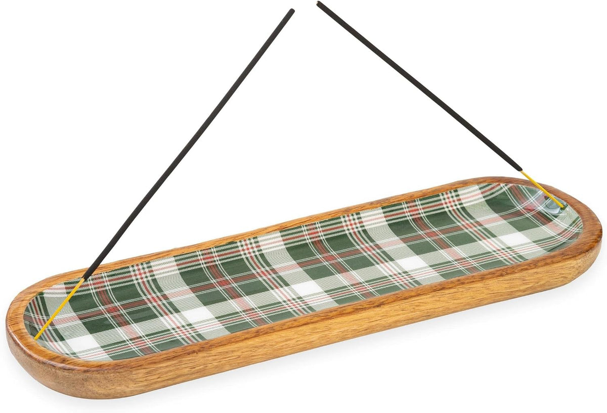 Folkulture Incense Holder or Incense Burner, Modern Incense Holder for Sticks, Ash Catcher or Insence Stick Holder for Housewarming Gifts, Wooden Incense Tray for Sticks, Green Plaid