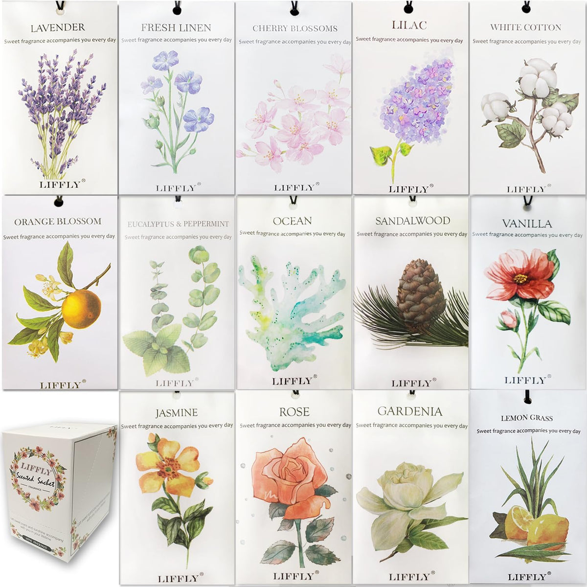 14 Packs Scented Sachets Bags fit Drawers and Closets 14 Scent Gift Box