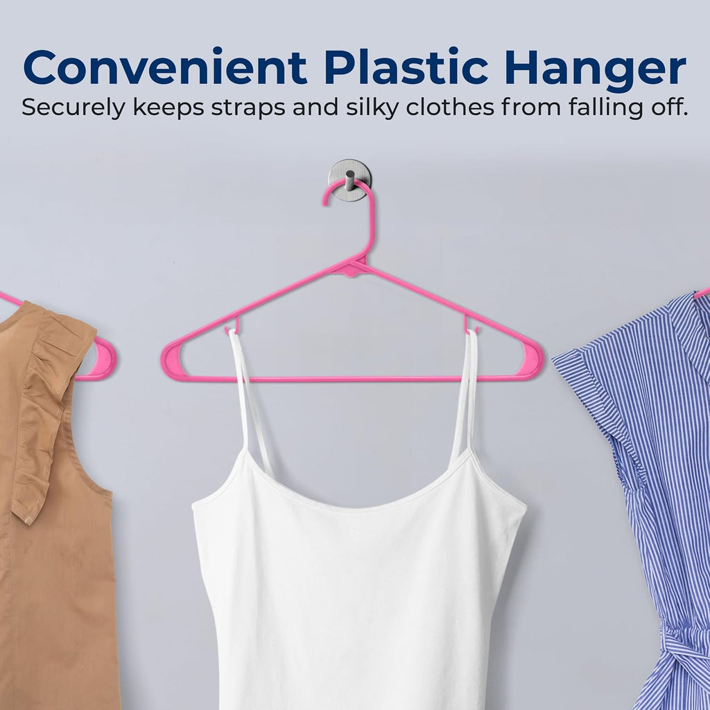 SereneLife 100 Pack Plastic Clothes Hangers | Keeps Shirts, Coats & Dresses Neatly Organized | Non-Slip Recycled ABS, Heavy Duty Design, Slim 0.24-Inch Profile, 5.5 Lbs Capacity | Pink