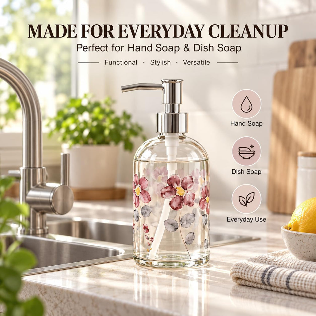 Topadorn 2 Pack 17oz Glass Soap Dispensers, Floral Refillable Pump Bottles
