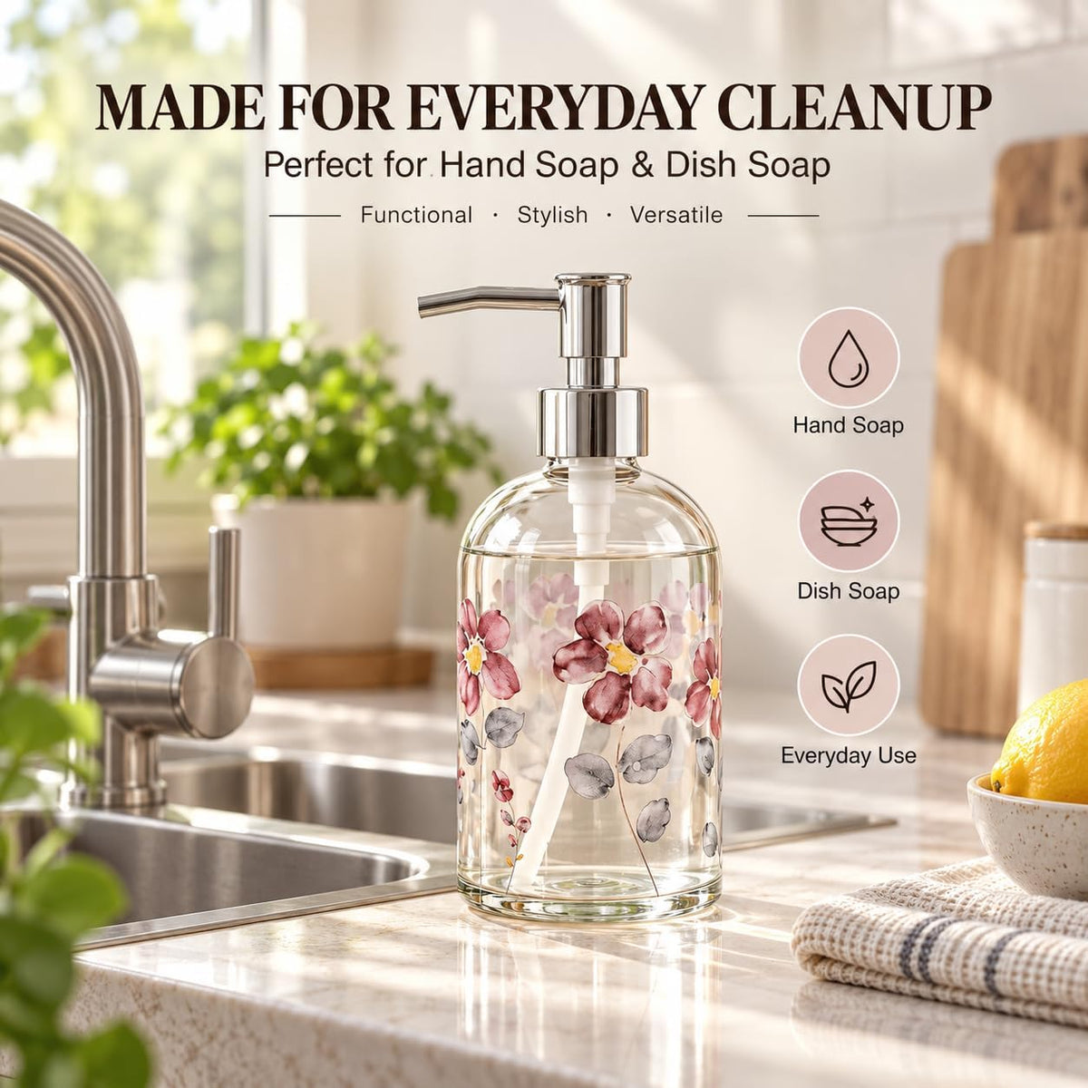 Topadorn 2 Pack 17oz Glass Soap Dispensers, Floral Refillable Pump Bottles
