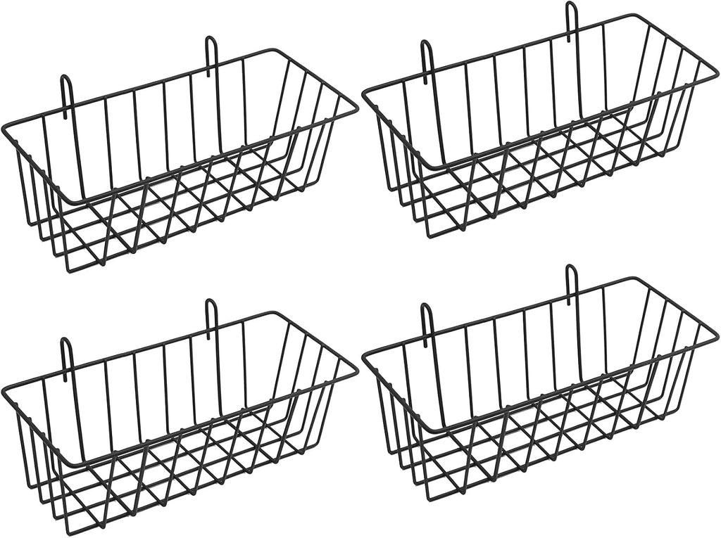 4 Pcs Gridwall Accessories 9"" x4 x3 Hanging Basket Wall Mounted Grid Plate Wire Basket for Kitchen Grid Plate Wall Mounted Storage Basket Black Metal Hanging Basket Organizer
