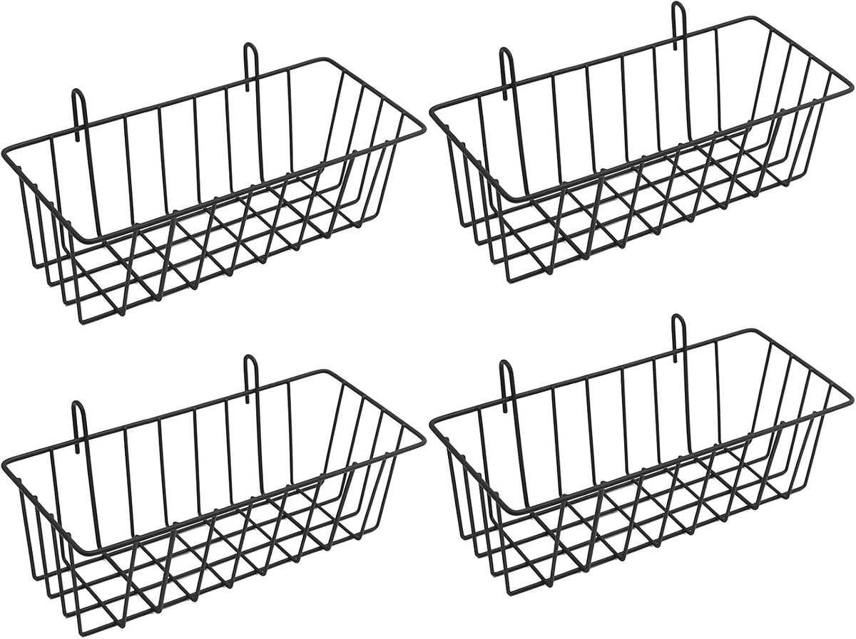 4 Pcs Gridwall Accessories 9"" x4 x3 Hanging Basket Wall Mounted Grid Plate Wire Basket for Kitchen Grid Plate Wall Mounted Storage Basket Black Metal Hanging Basket Organizer