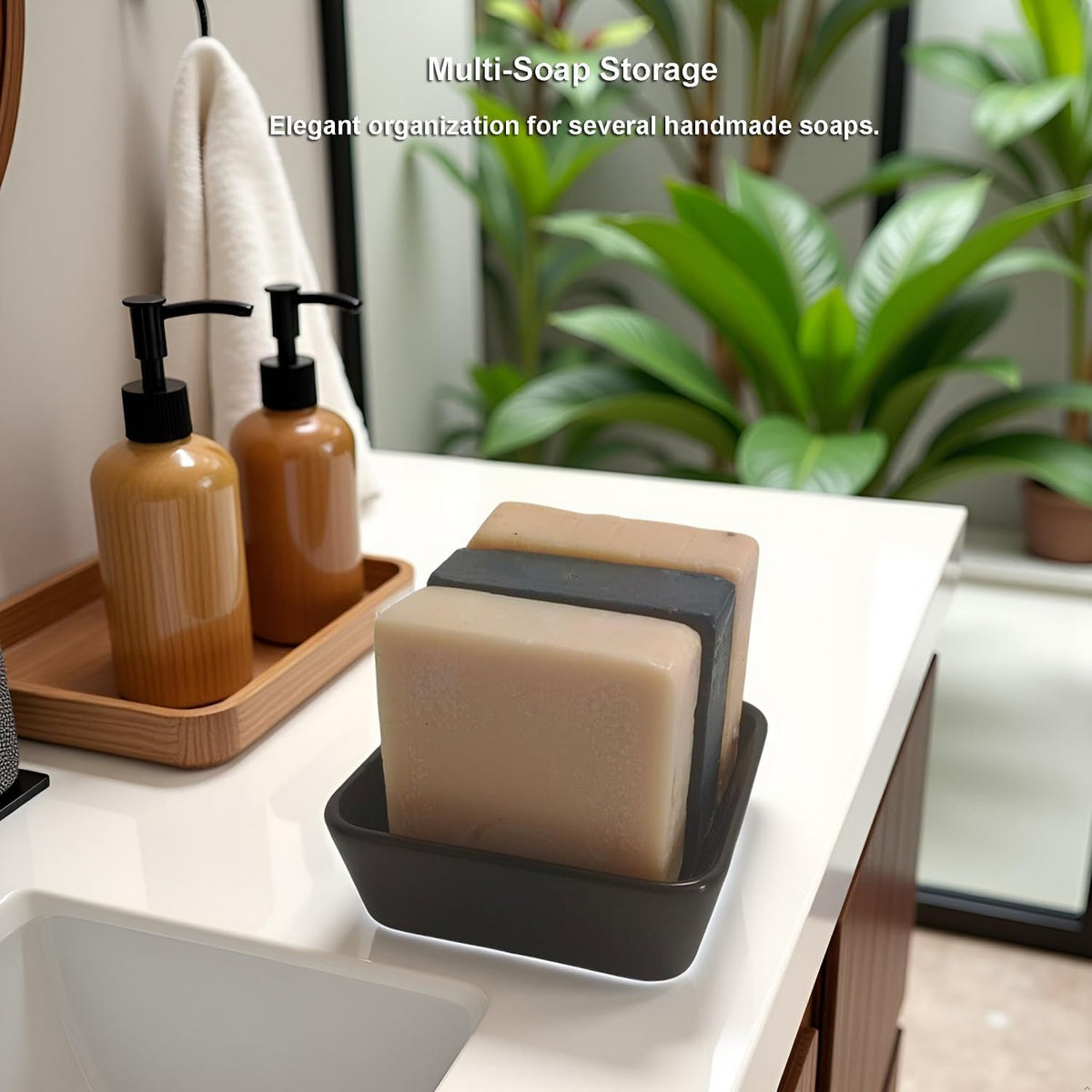 Square Soap Case Ceramic Soap Tray Fit Dr. Squatch Natural Bar Durable Soap Holder for Shower Home Bathroom Soap Dishes Daily Use Sink Bathtub (Black)