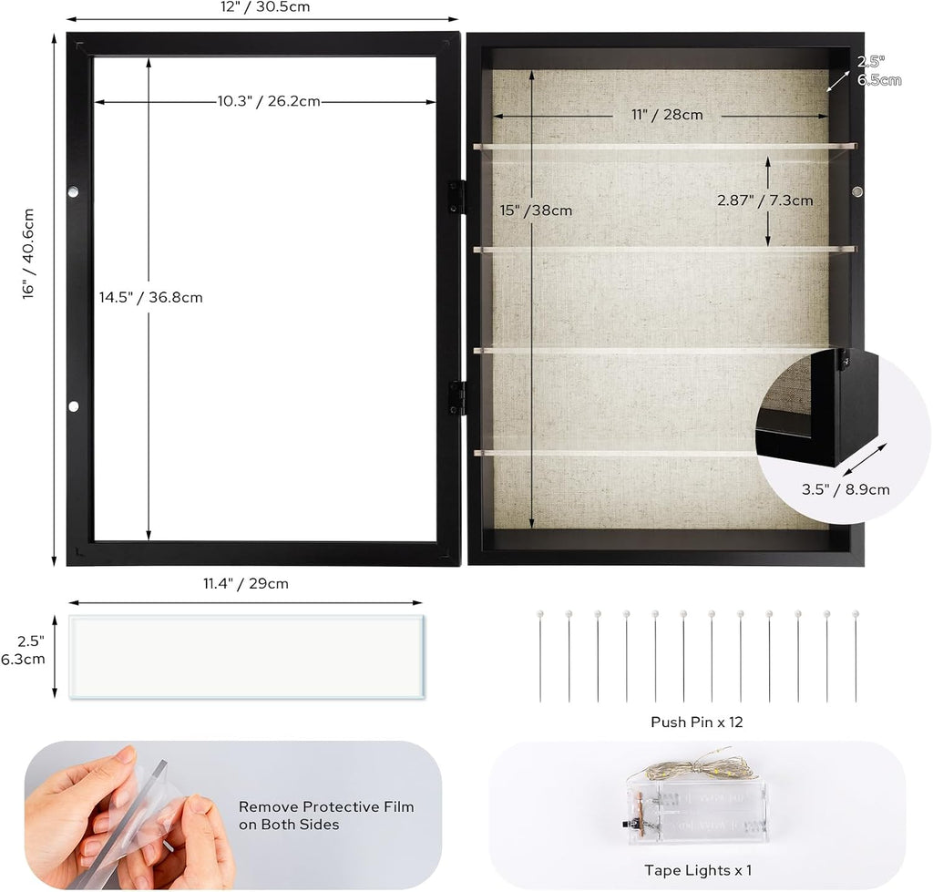 12x16 Shadow Box Display Cases with 4 Removable Clear Shelves, Black