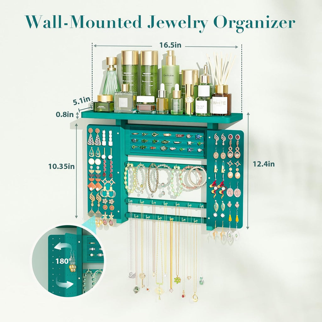 Emfogo Jewelry Organizer Hanging Wall Mounted Jewelry Holder, 5-in-1 Large Capacity Necklace Organizer Wall Hanging Jewelry Display for Ring, Necklaces, Bracelets, Earrings (Green)
