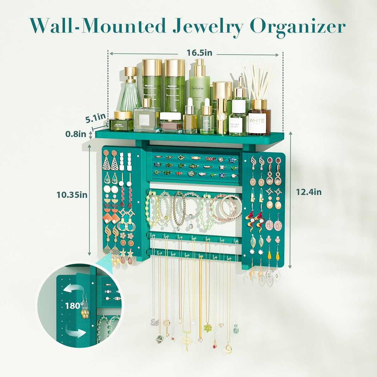 Emfogo Jewelry Organizer Hanging Wall Mounted Jewelry Holder, 5-in-1 Large Capacity Necklace Organizer Wall Hanging Jewelry Display for Ring, Necklaces, Bracelets, Earrings (Green)