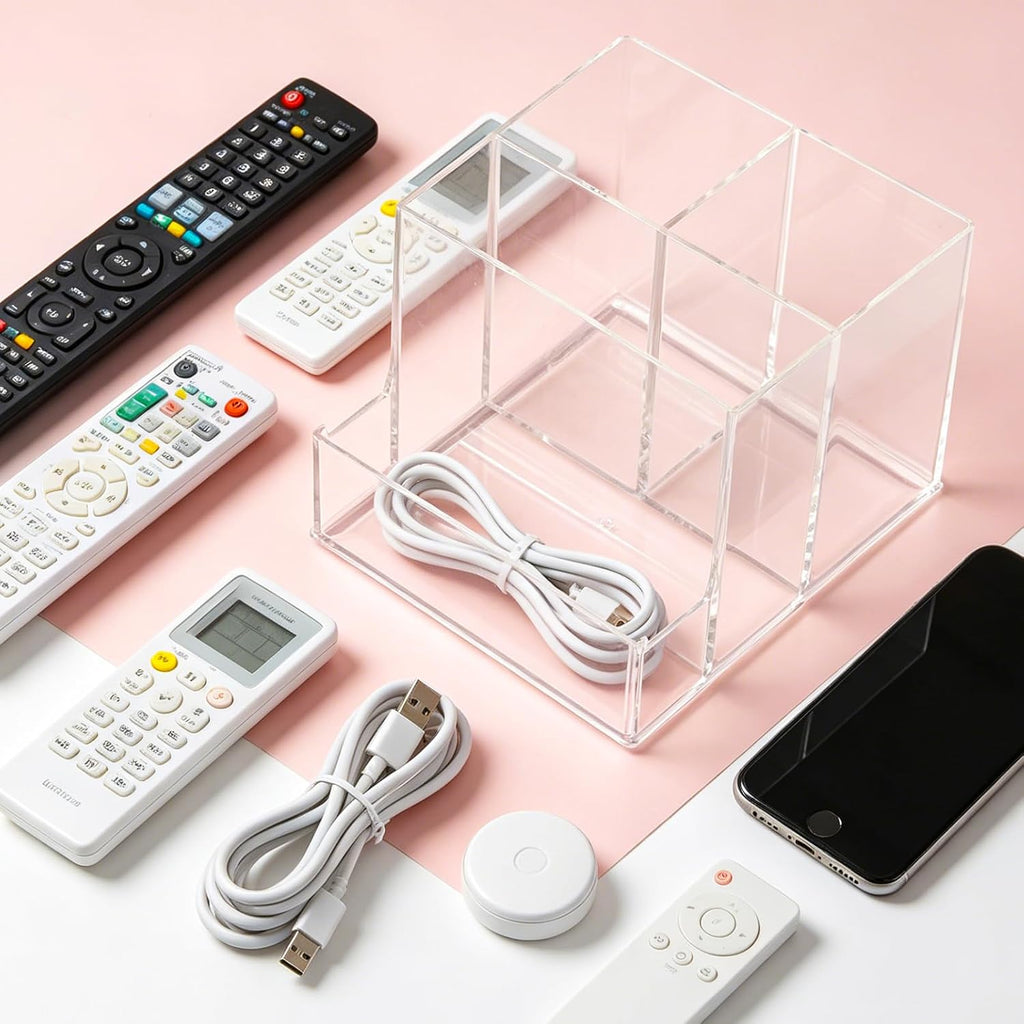 Vowcarol Clear Acrylic Remote Control Holder – 4 Compartment Desk Organizer, TV Remote Holder