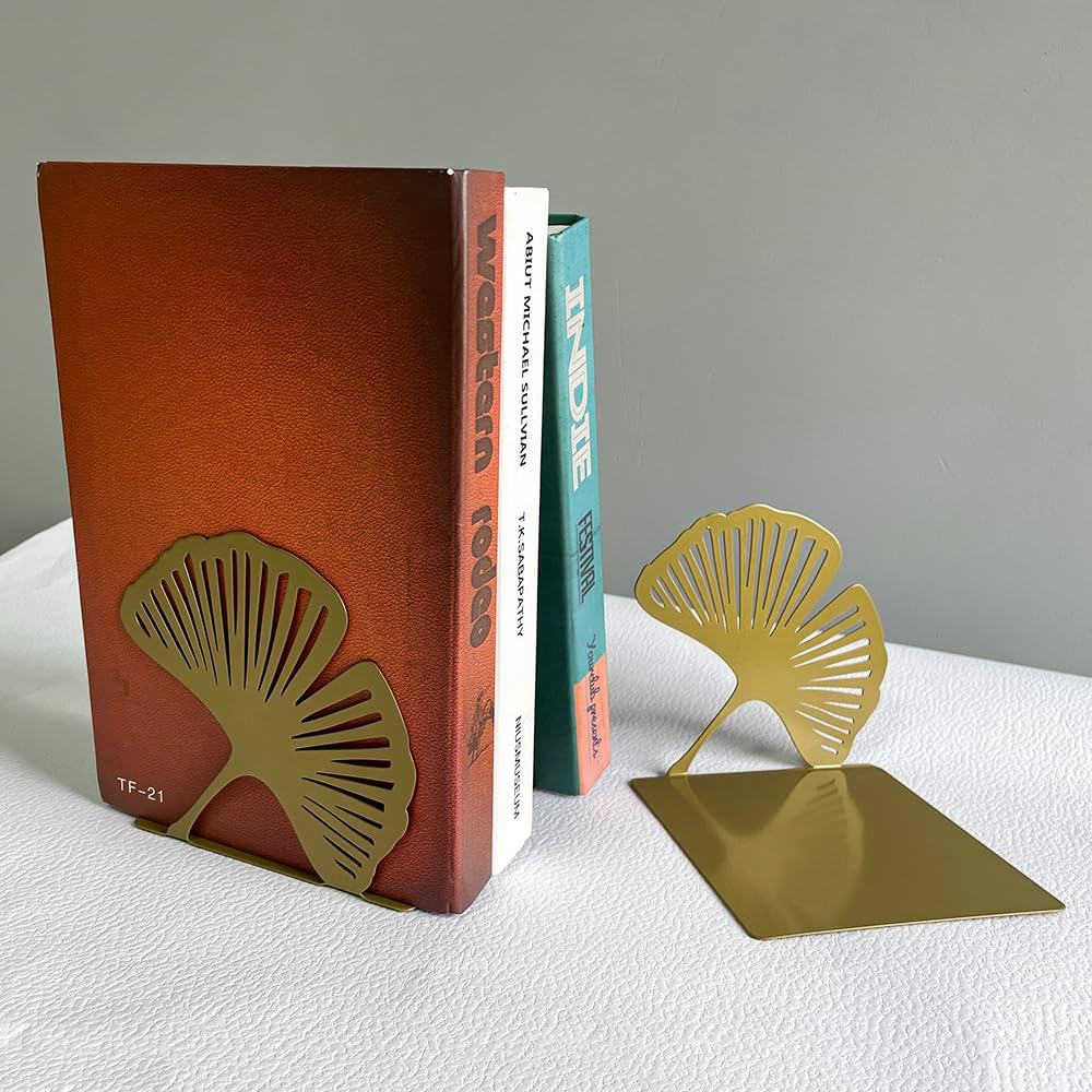 Ginkgo Leaf Metal Bookend, Botanical Leaf Veins Heavy Duty Book Stand