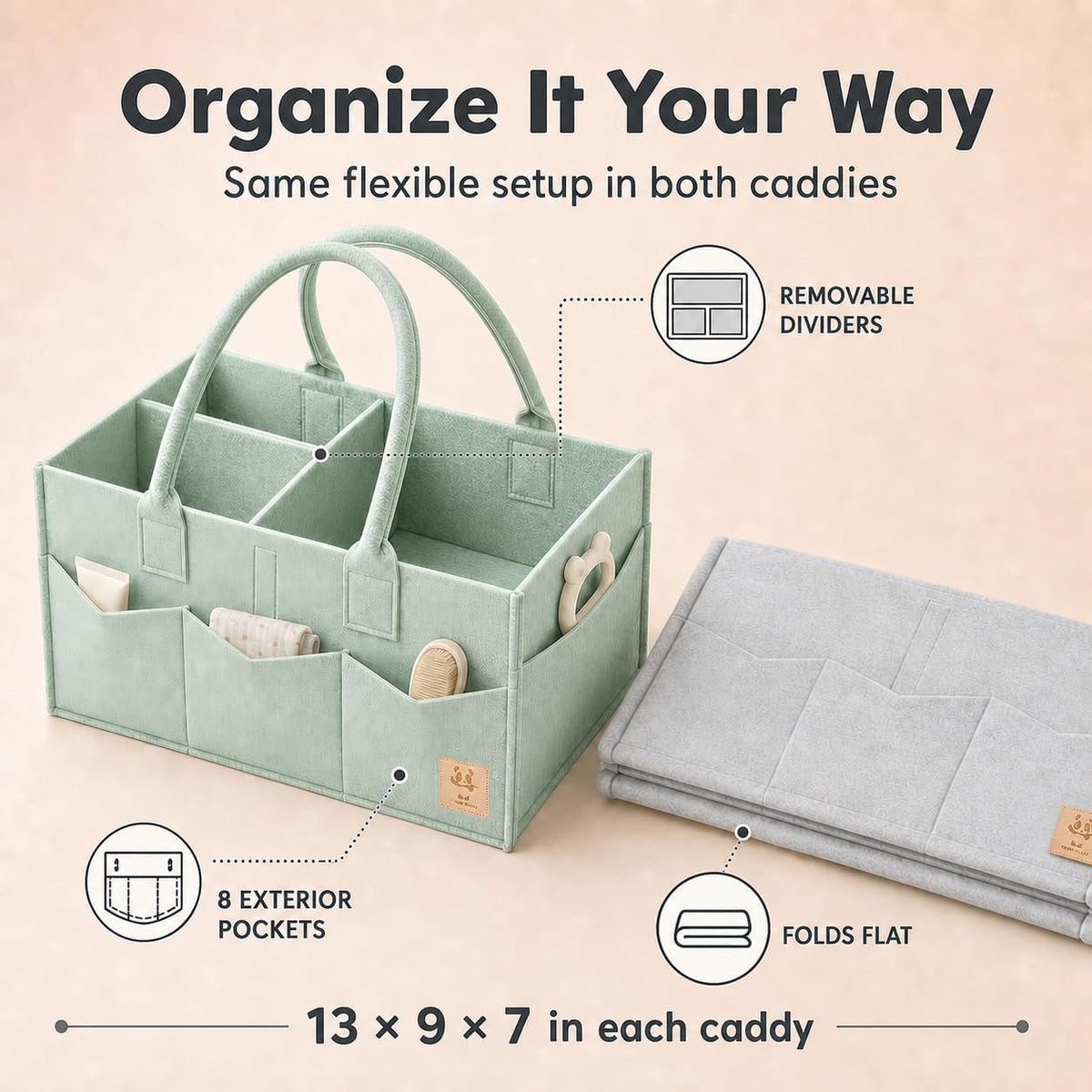 HIPHOP PANDA 2-Pack Diaper Caddy Organizer - Nursery Storage Bin & Car Organizer for Diapers, Wipes, and Baby Essentials - Dual-Color Solid Set (Grey/Green), Regular Size