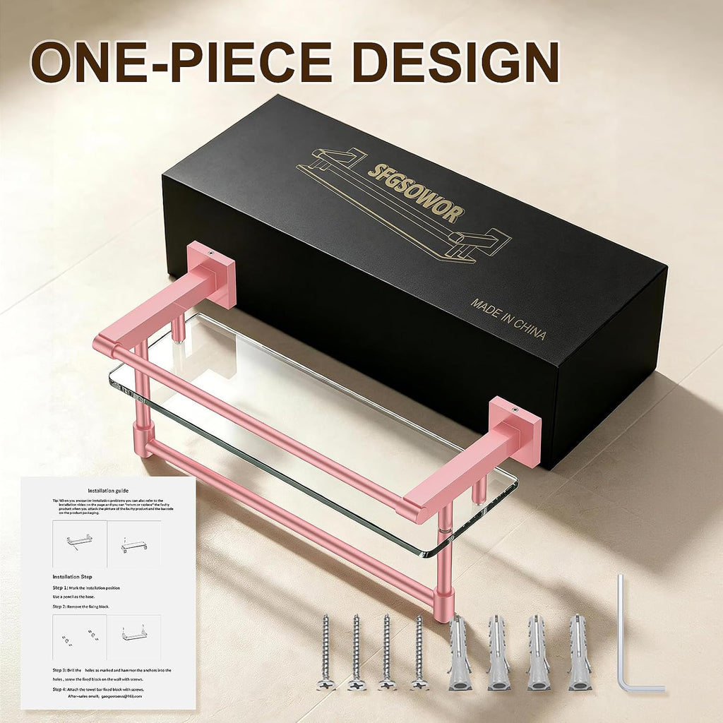 Bathroom Glass Shelf Towel Rack Shelf Glass Organizer Wall-Mounted Bathroom Storage SUS304 Stainless Steel Towel bar/Track Wall-Mounted Tempered Glass Stainless Steel Shelf (Pink, 16‘’ with Railing)