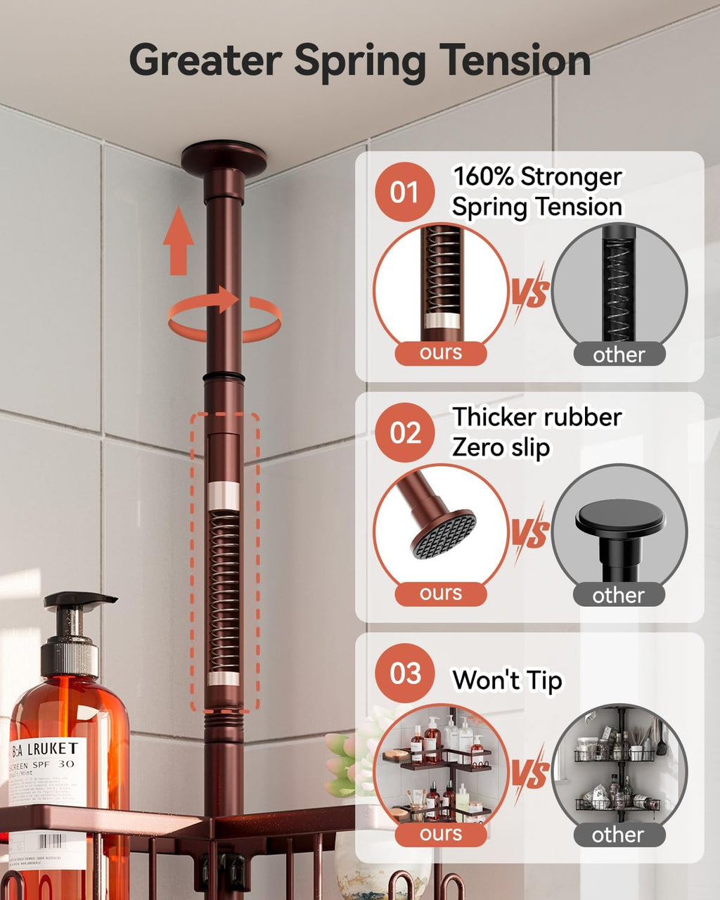 YASONIC Corner Shower Caddy Tension Pole, Adjustable Shower Shelves, Rust-Resistant Shower Organizer, No-Drill 3-Step Installation, Bathroom Shelves for Renters & Family, Bronze
