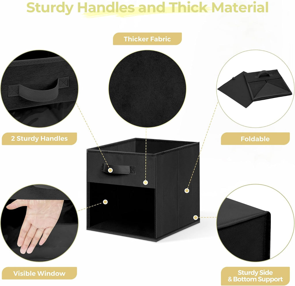 Storage Cubes with Clear Window, 11" Storage Bins, Foldable Cube Storage Box, Fabric Closet Organizers with Handles for Home, Office, Shelf, Closets, Living Room, Black, 6 Pack