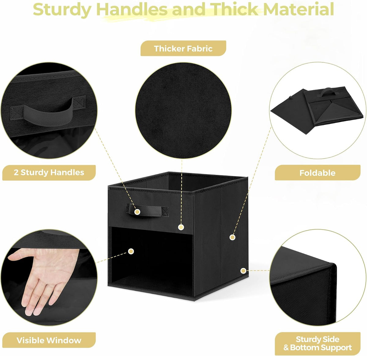Storage Cubes with Clear Window, 11" Storage Bins, Foldable Cube Storage Box, Fabric Closet Organizers with Handles for Home, Office, Shelf, Closets, Living Room, Black, 6 Pack
