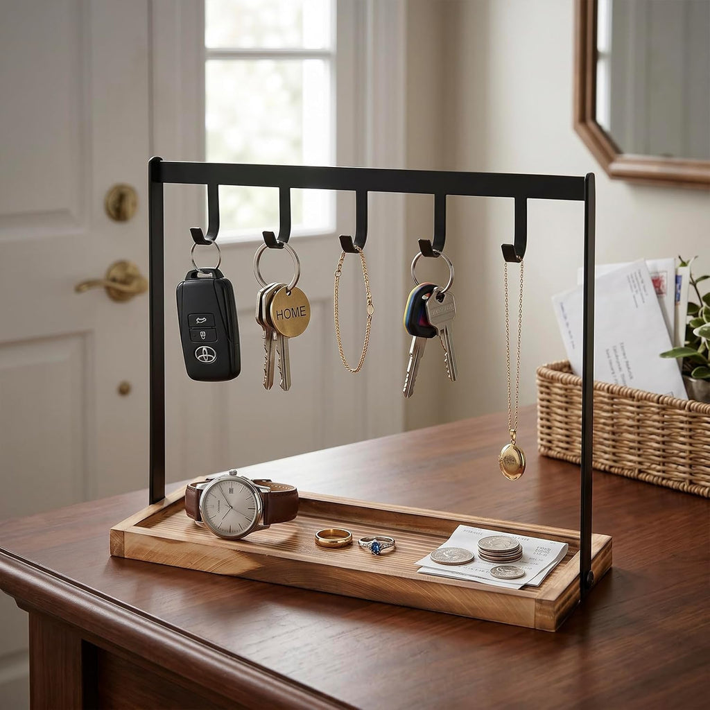MyGift Black Metal Key Holder with 5 Hooks, Burnt Wood Jewelry Organizer
