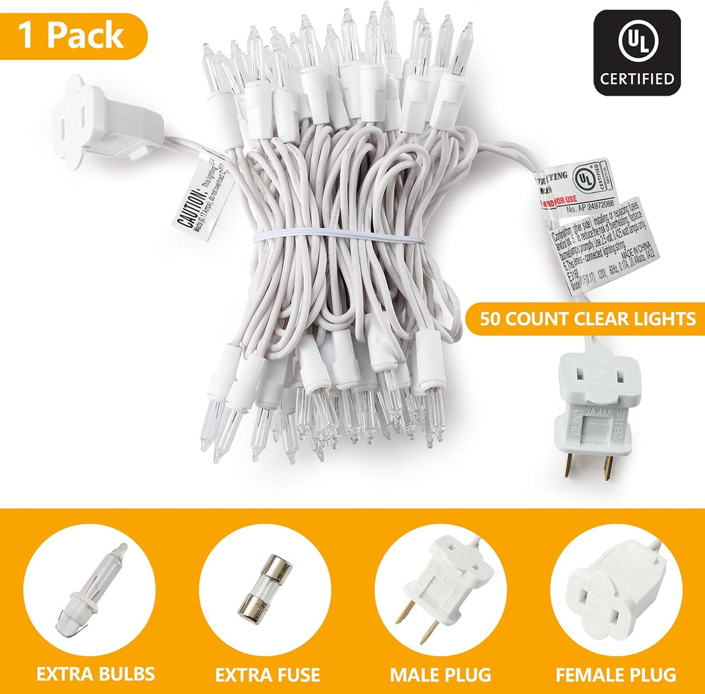 Christmas Lights Clear White 50 Count, 13ft Incandescent Mini String Lights Plug in Warm White with White Wire for Mantle Christmas Tree Indoor Outdoor Xmas Wedding Party Decorations