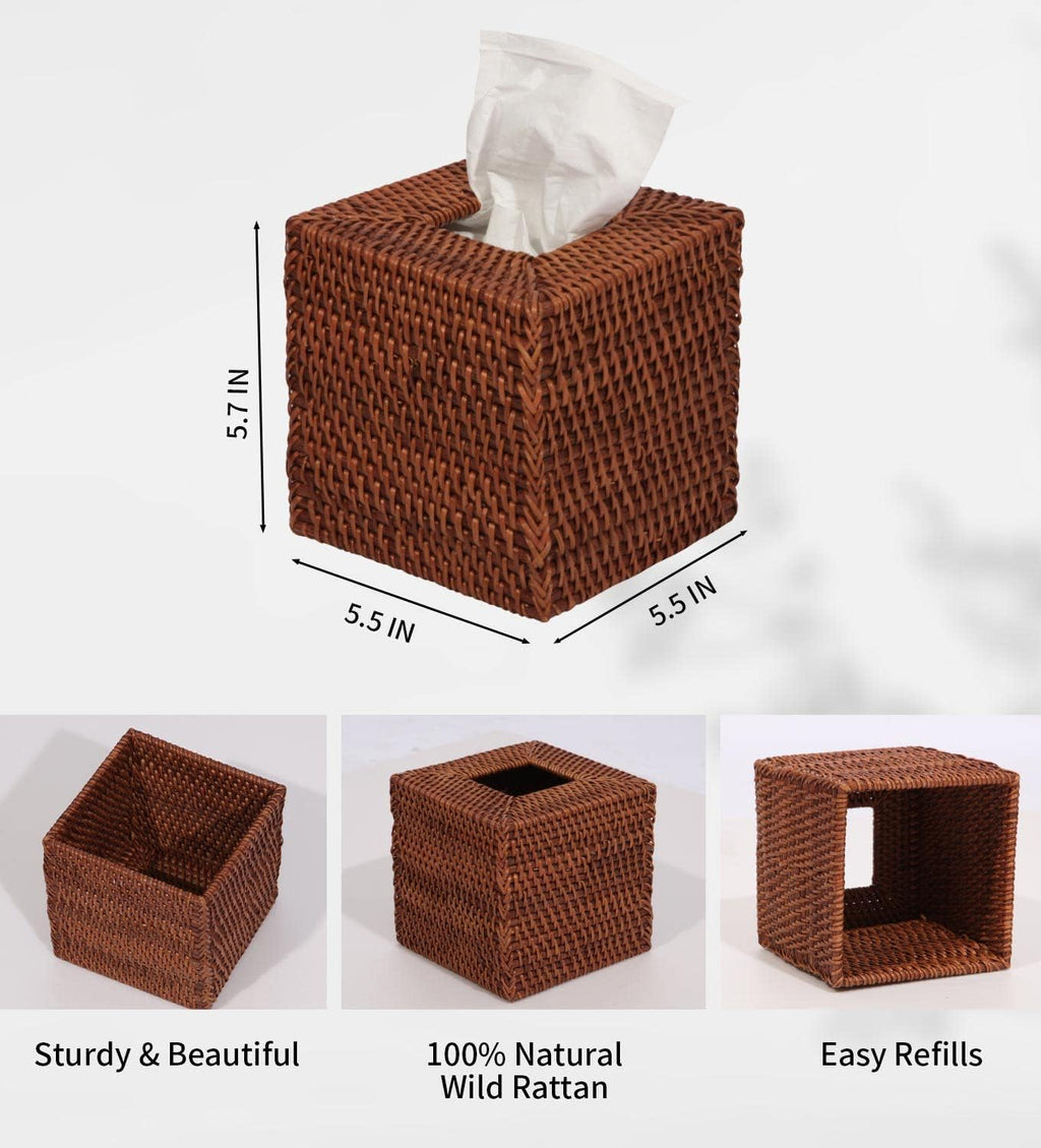 Livelab Natural Rattan Tissue Box Cover, Square Hand Woven Tissue Box Holder Tissue Box Case Organizer 5.5"X5.5"X5.7" Honey Brown