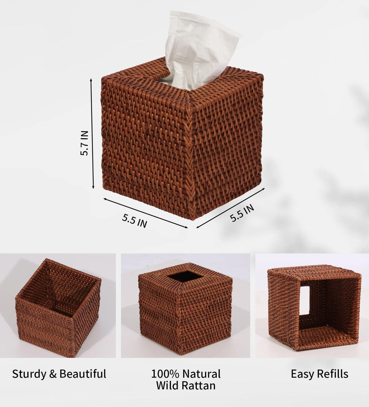 Livelab Natural Rattan Tissue Box Cover, Square Hand Woven Tissue Box Holder Tissue Box Case Organizer 5.5"X5.5"X5.7" Honey Brown