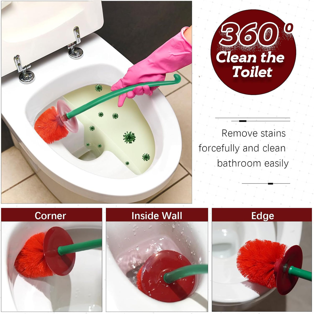 Cherry Toilet Brush with Holder Bowl&Long Handle, Bathroom Cleaning