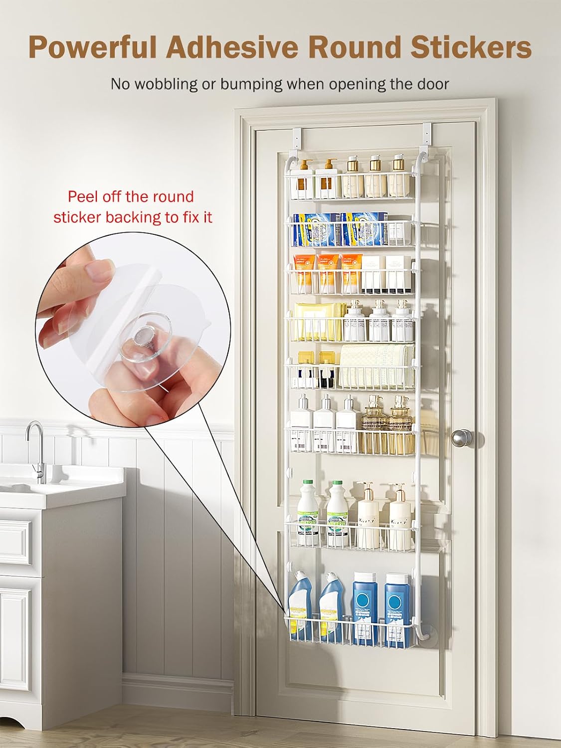 Delamu Over The Door Pantry Organizer, 8-Tier Pantry Door Organizers and Storage with Adjustable Basket, Metal Hanging Spice Rack, Seasoning Organizer, Door Organizer for Home Kitchen Bathroom, White
