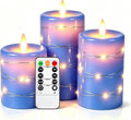 Da by 3 Pack Blue Real Wax Flameless Taper Candles, Lifelike Flickering LED Flame Candles with Surrounding Fairy String Lights, Soft Warm Battery Candles with Remote for Home Wedding Holiday Decor
