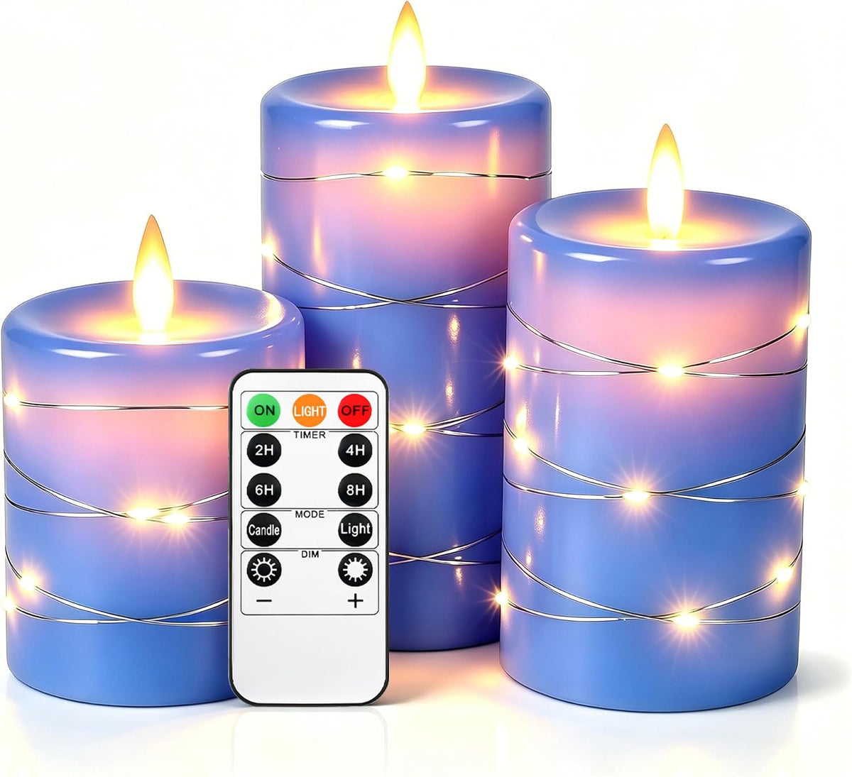 Da by 3 Pack Blue Real Wax Flameless Taper Candles, Lifelike Flickering LED Flame Candles with Surrounding Fairy String Lights, Soft Warm Battery Candles with Remote for Home Wedding Holiday Decor
